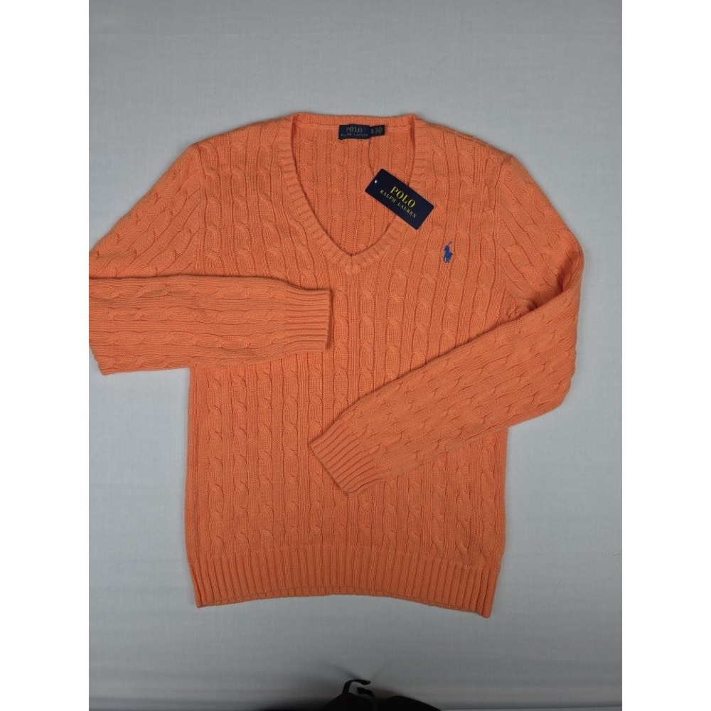 Polo Ralph Lauren Cable Knit V-Neck Sweater Womens XL Orange Pony Logo Cotton
